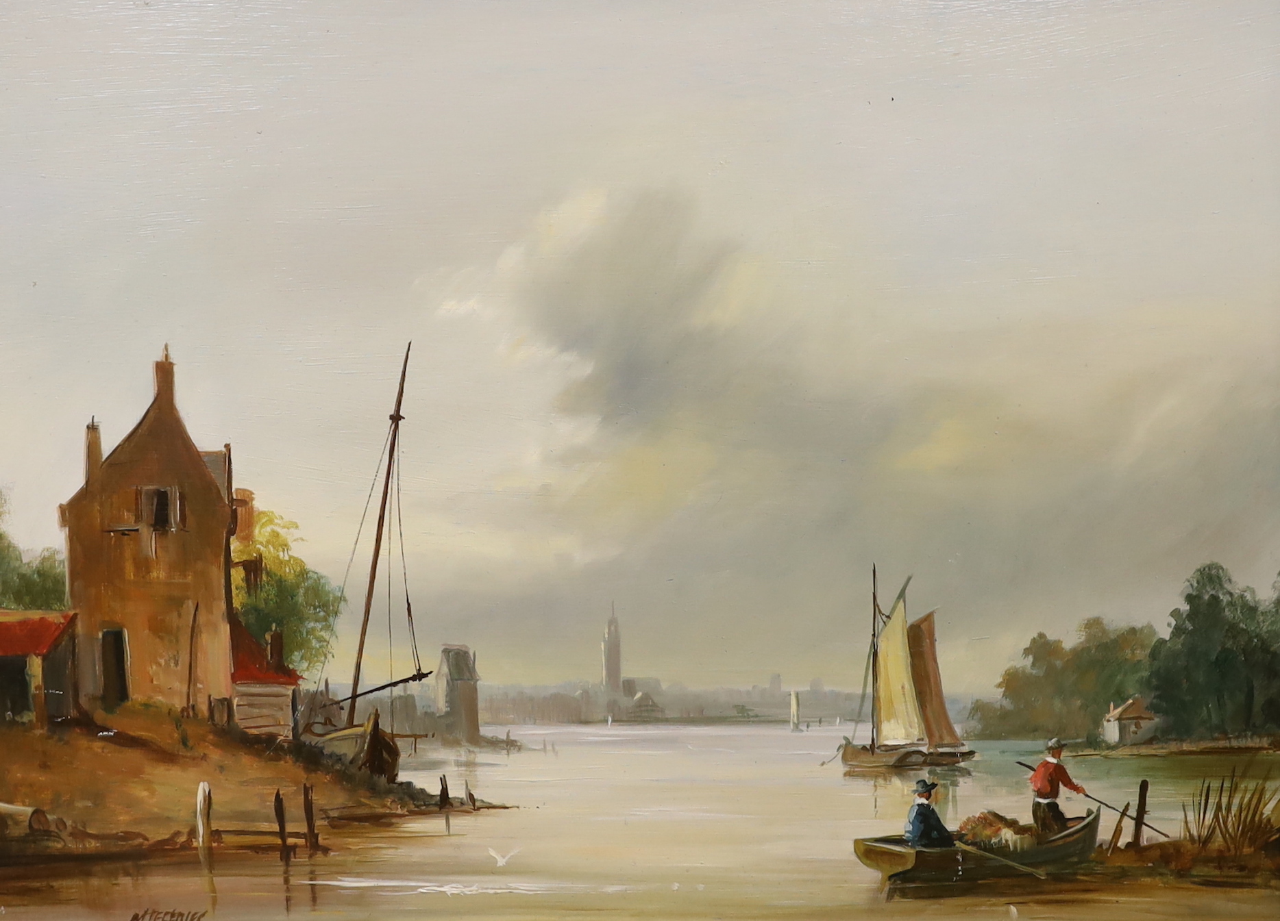 Mike Jeffries (20th. C) oil on board, Dutch canal scene with fishing boats, signed, 29 x 39cm, ornate gilt framed